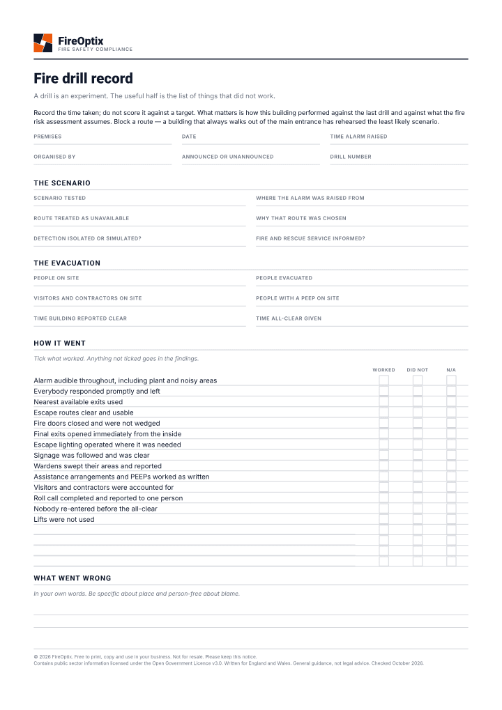 First page of the Fire drill record PDF