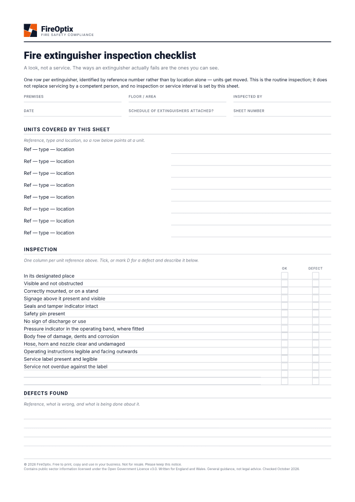 First page of the Fire extinguisher inspection checklist PDF