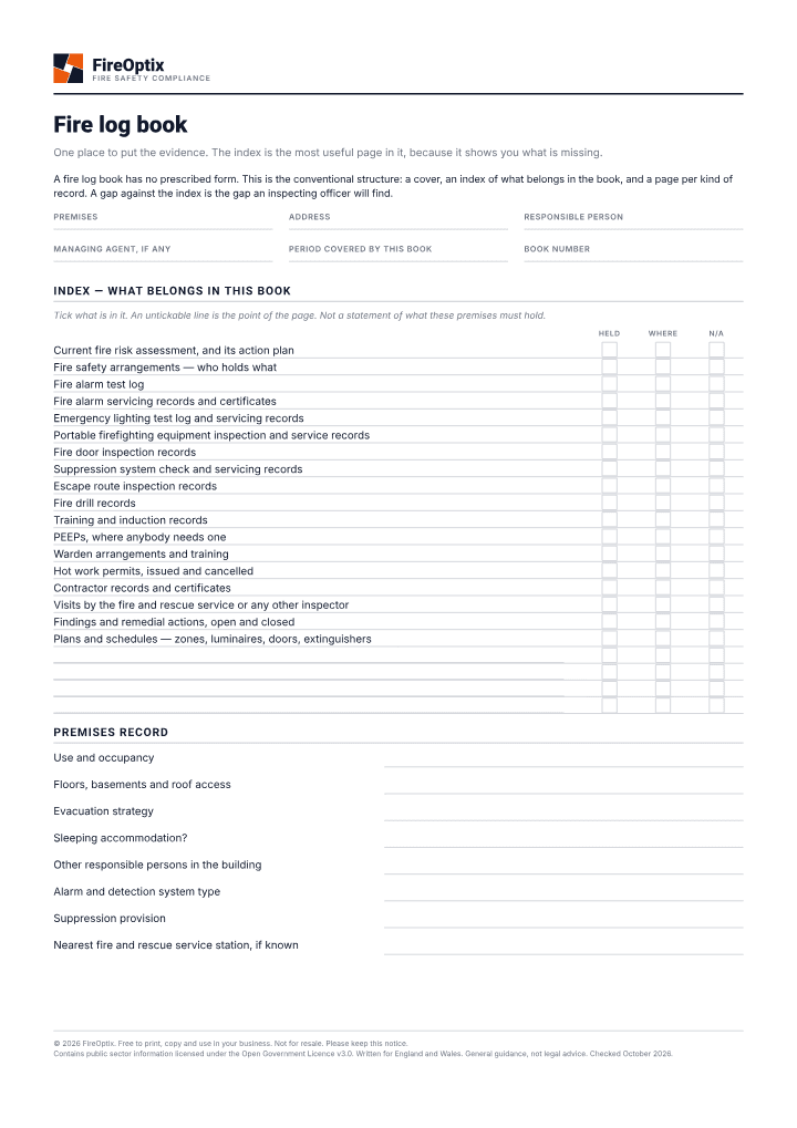 First page of the Fire log book PDF