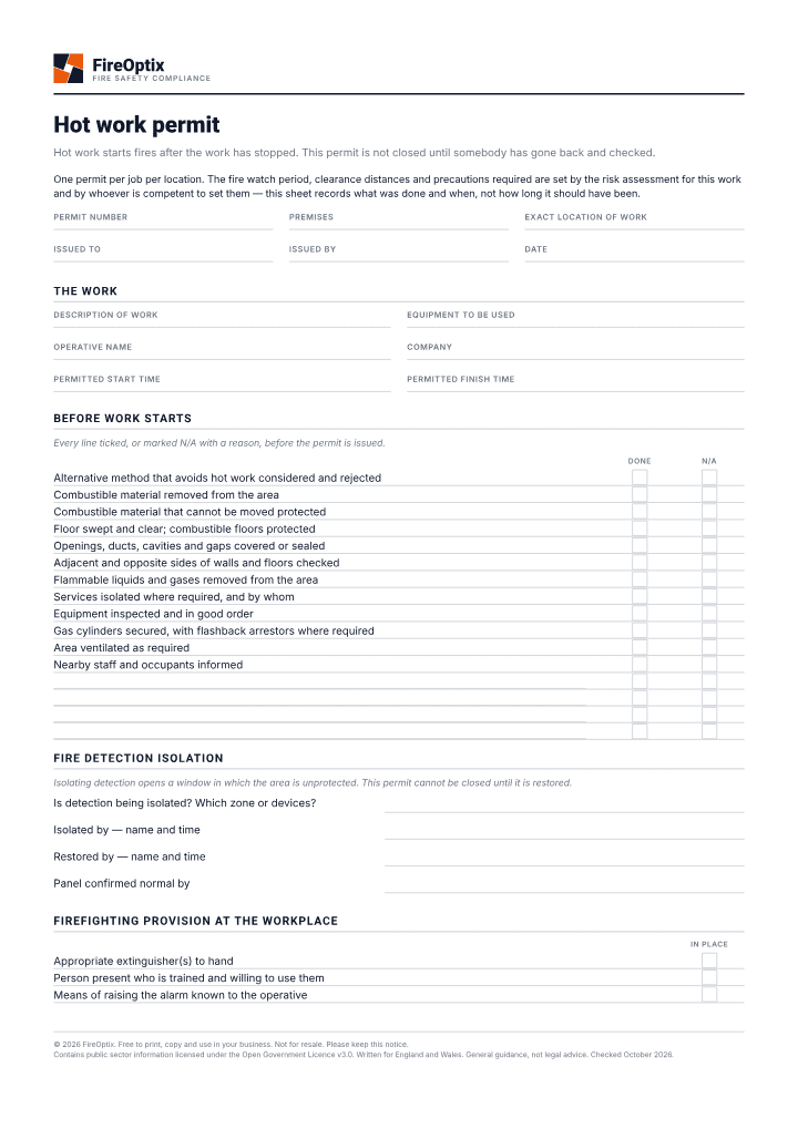 First page of the Hot work permit PDF