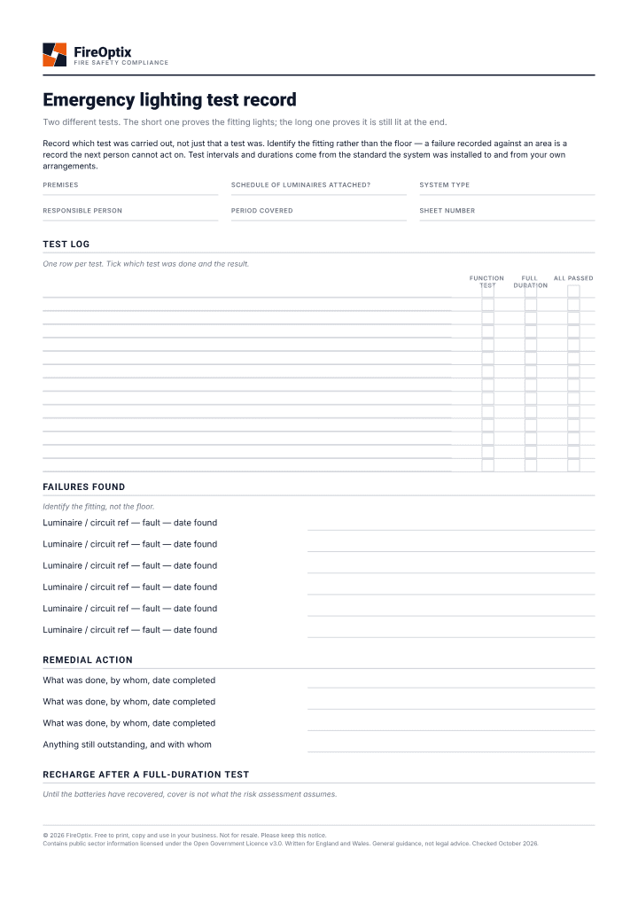First page of the Emergency lighting test record PDF