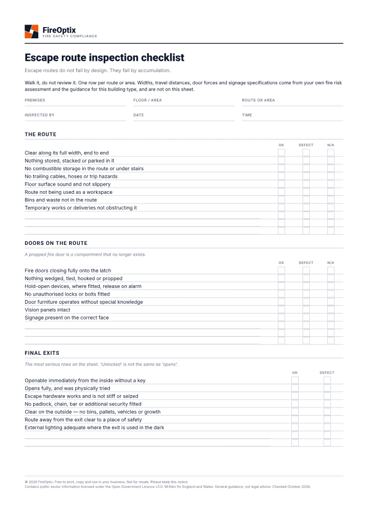 First page of the Escape route inspection checklist PDF