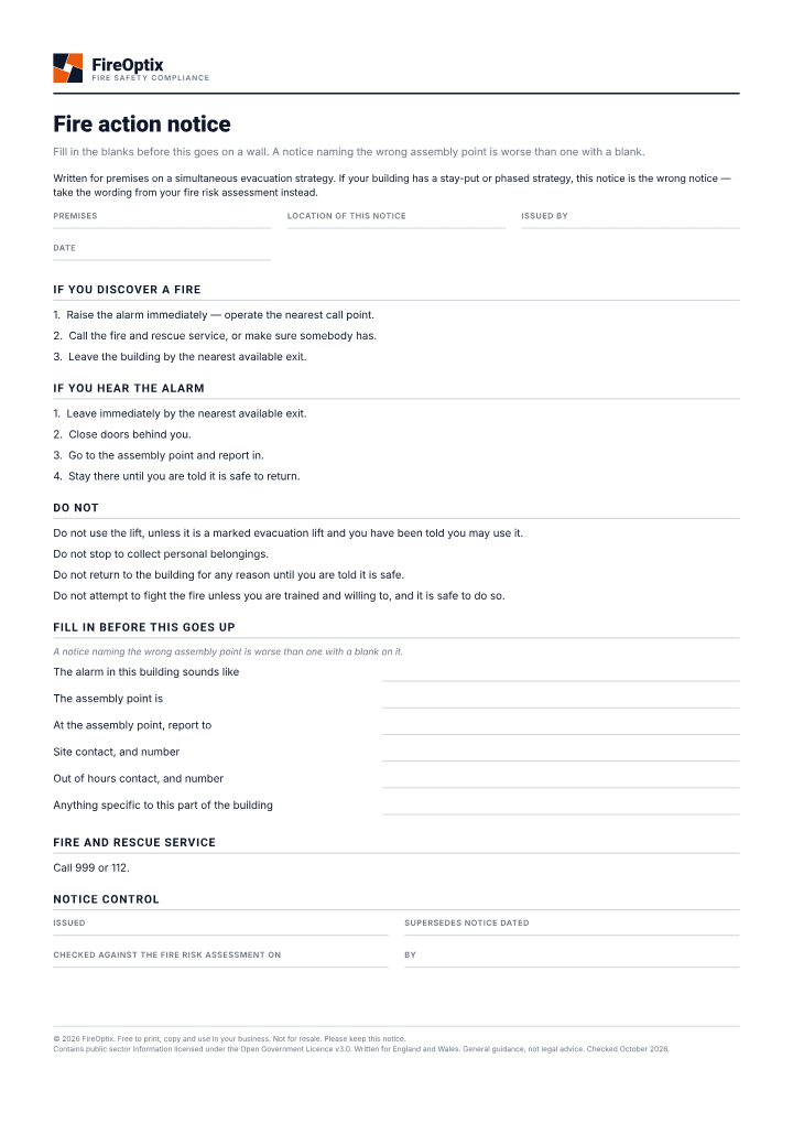 First page of the Fire action notice PDF