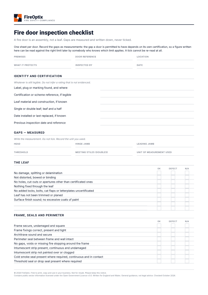 First page of the Fire door inspection checklist PDF