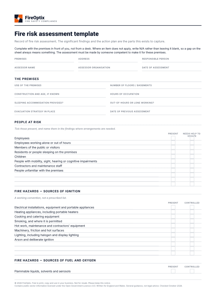 First page of the Fire risk assessment template PDF