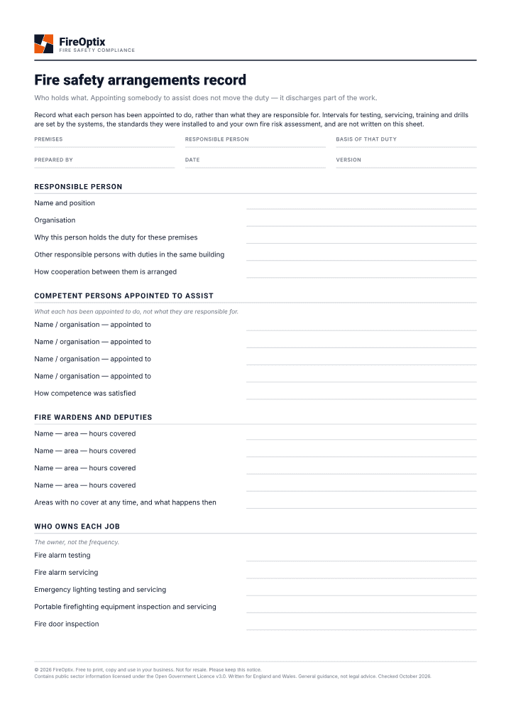 First page of the Fire safety arrangements record PDF