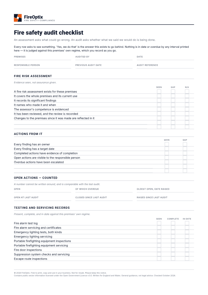 First page of the Fire safety audit checklist PDF