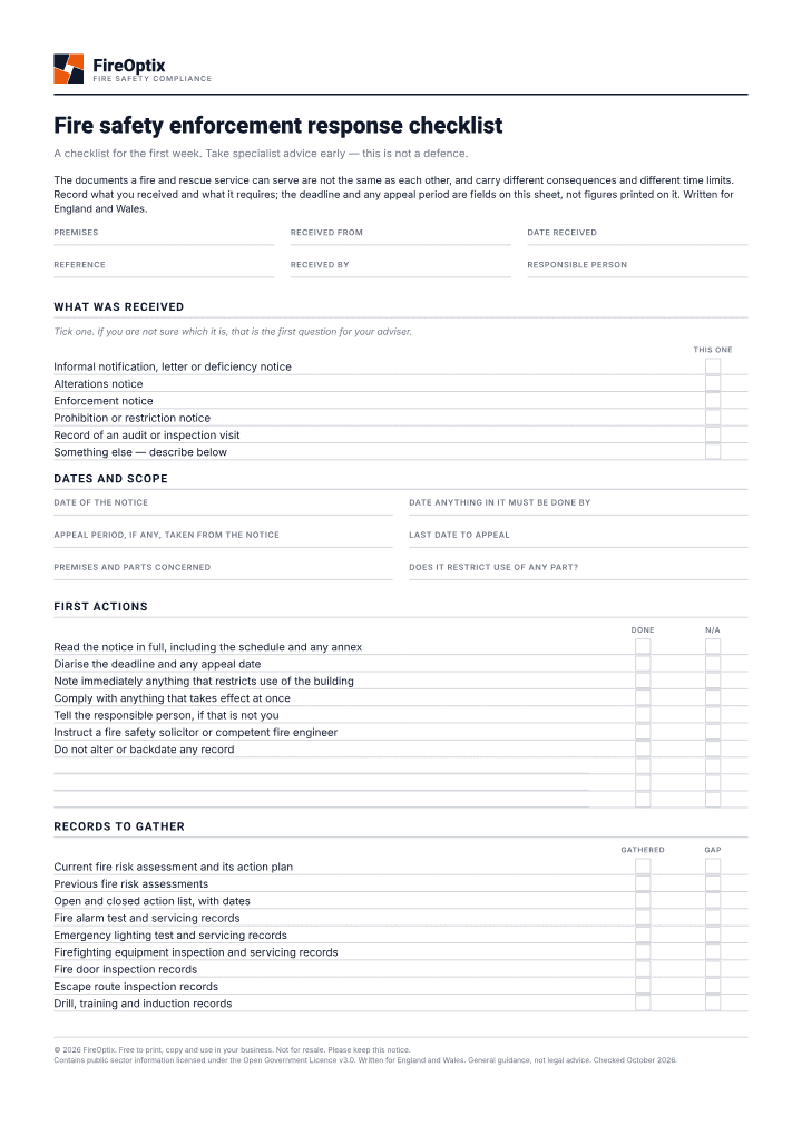 First page of the Fire safety enforcement response checklist PDF