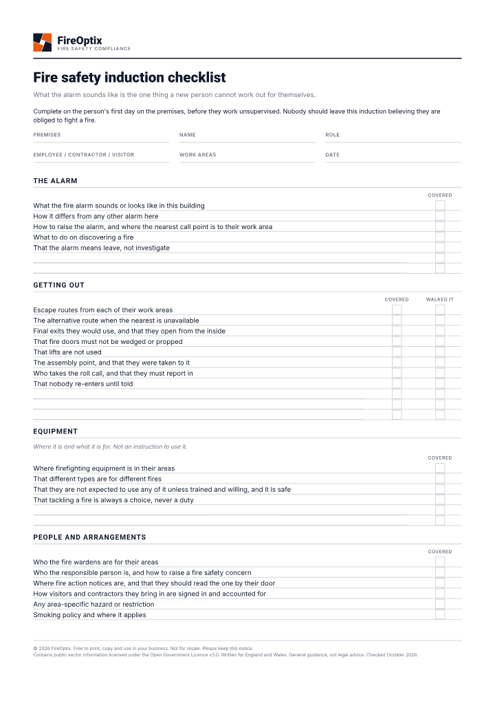 First page of the Fire safety induction checklist PDF