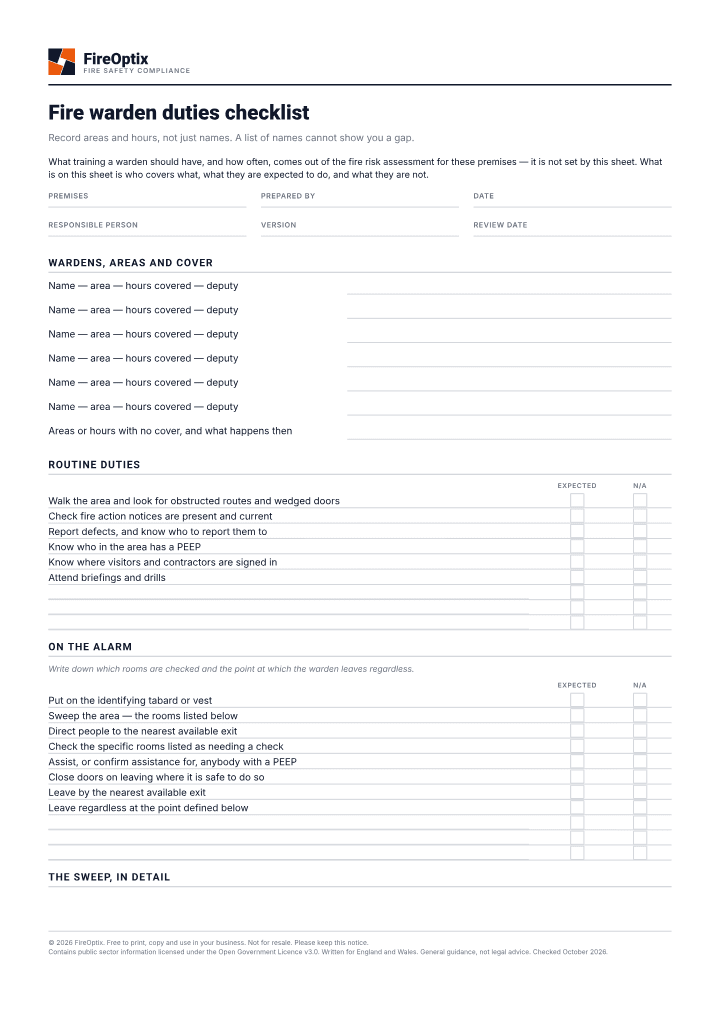 First page of the Fire warden duties checklist PDF