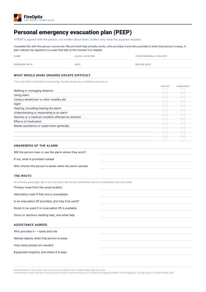 First page of the Personal emergency evacuation plan (PEEP) PDF