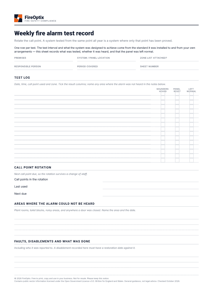 First page of the Weekly fire alarm test record PDF